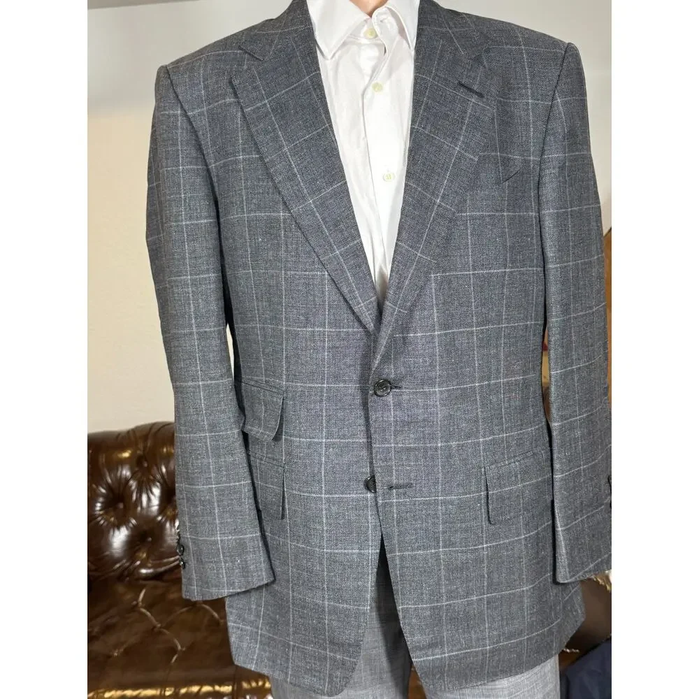 Tom Ford Linen Windowpane Charcoal Blazer Sportcoat 50R 40R US Italy Wool Silk